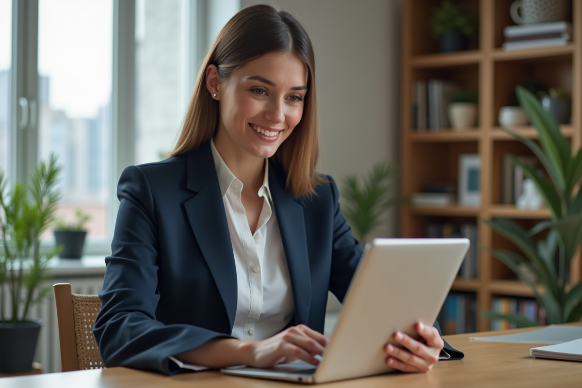 Jeune femme professionnelle utilisant une tablette dans un bureau moderne
