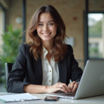 Jeune femme au bureau à Paris travaillant sur son ordinateur