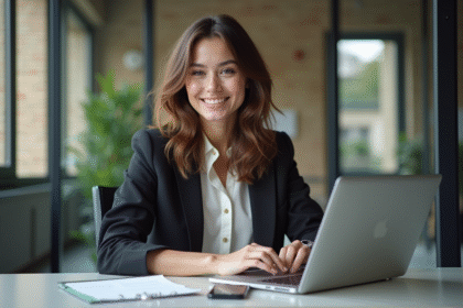 Jeune femme au bureau à Paris travaillant sur son ordinateur