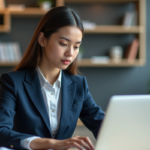 Jeune femme en blazer étudiant un graphique financier sur son ordinateur