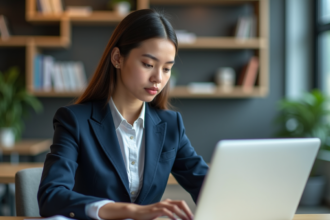 Jeune femme en blazer étudiant un graphique financier sur son ordinateur