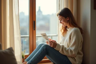 Jeune femme lisant une lettre d'amour dans un intérieur chaleureux