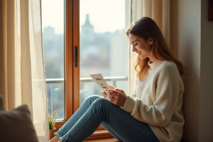 Jeune femme lisant une lettre d'amour dans un intérieur chaleureux