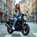 Jeune femme sur une moto Avenger 125 en ville dynamique