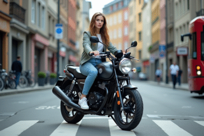 Jeune femme sur une moto Avenger 125 en ville dynamique