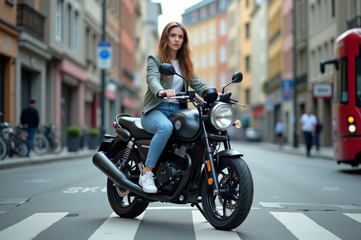 Jeune femme sur une moto Avenger 125 en ville dynamique