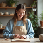 Jeune femme en atelier de poterie concentrée sur sa création