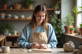 Jeune femme en atelier de poterie concentrée sur sa création