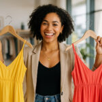 Jeune femme souriante achetant des robes dans une boutique moderne