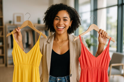 Jeune femme souriante achetant des robes dans une boutique moderne