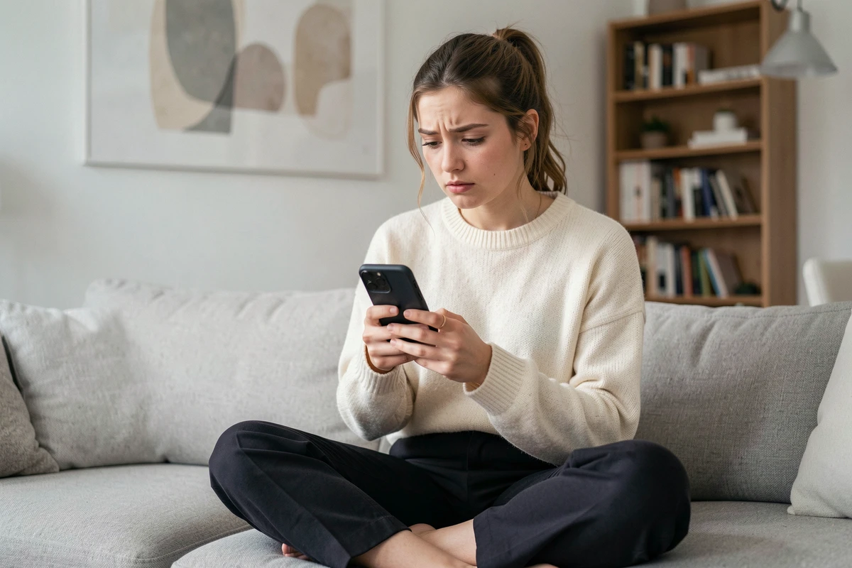Jeune femme lisant attentivement son smartphone dans un appartement moderne, représentant les préoccupations liées à la vie privée et aux données personnelles sur les forums anonymes