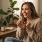Jeune femme souriante portant un collier dans un salon chaleureux