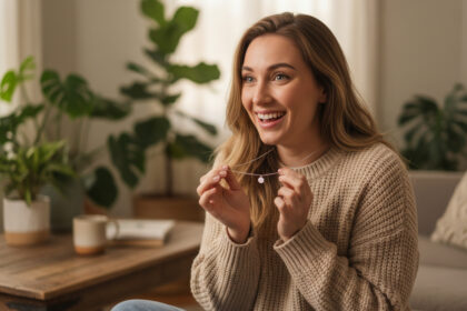 Jeune femme souriante portant un collier dans un salon chaleureux