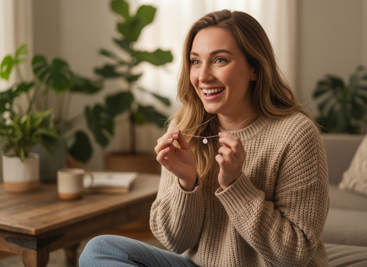 Jeune femme souriante portant un collier dans un salon chaleureux