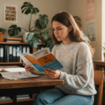 Jeune femme lisant brochures sur les carrières sociales