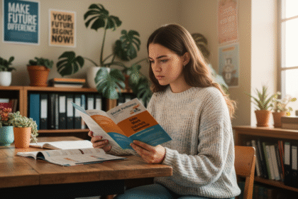Jeune femme lisant brochures sur les carrières sociales