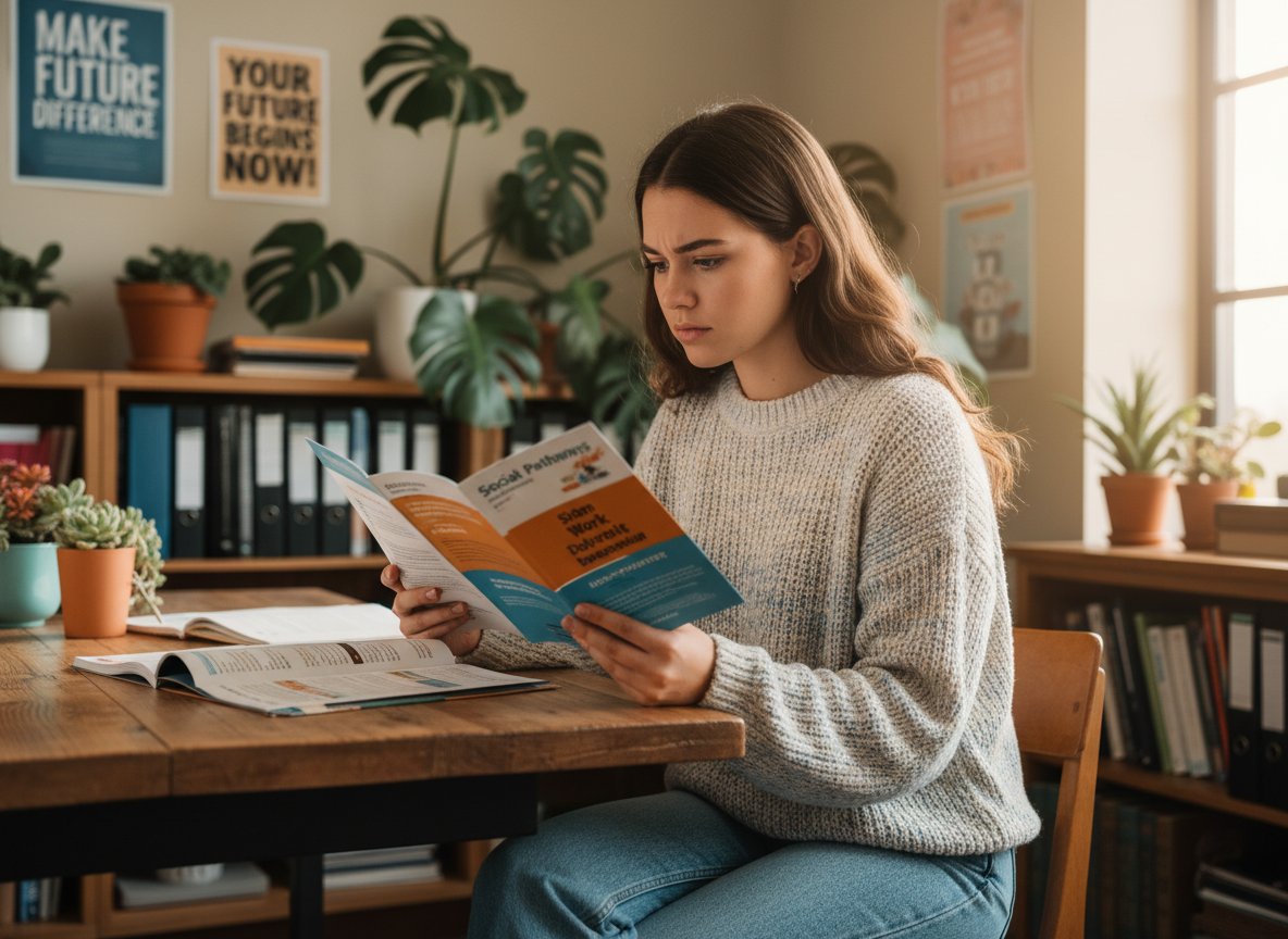 Jeune femme lisant brochures sur les carrières sociales
