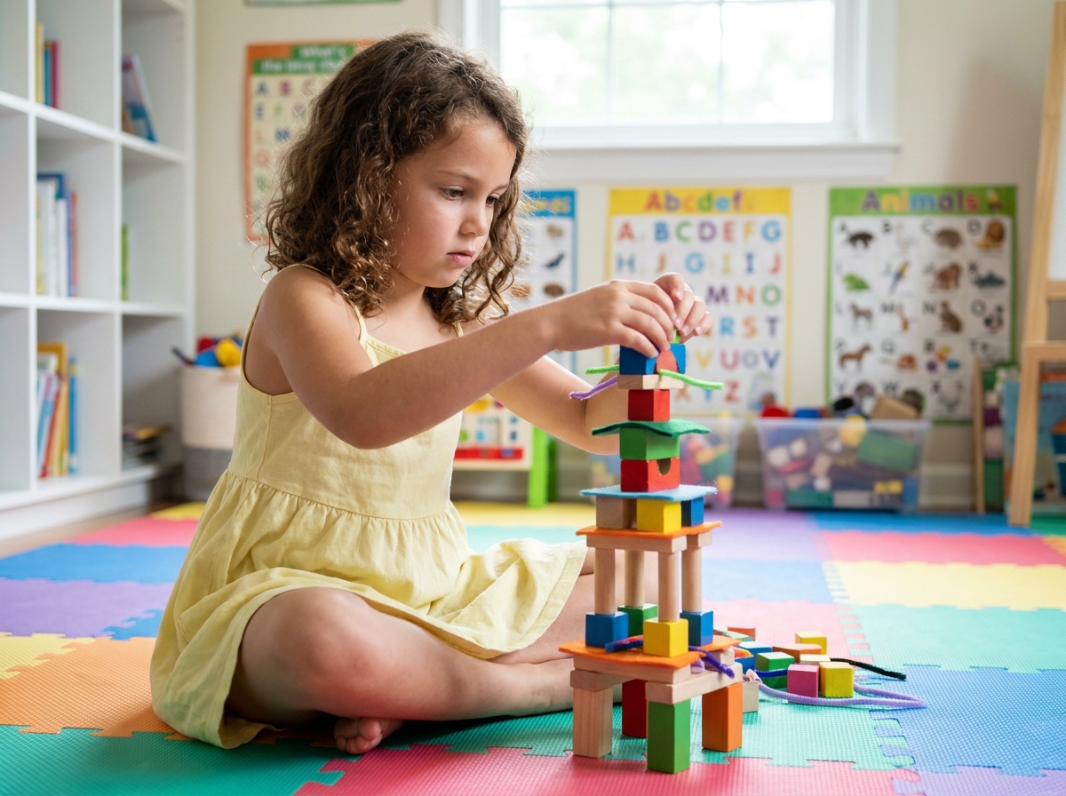 Jeune fille concentrée sur une activité de construction créative dans une salle d'éveil colorée