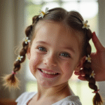 Jeune fille souriante avec des tresses ornées de fleurs blanches