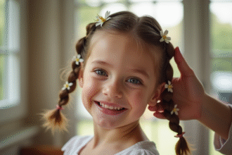 Jeune fille souriante avec des tresses ornées de fleurs blanches