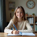 Jeune fille souriante écrivant dans un carnet à la maison