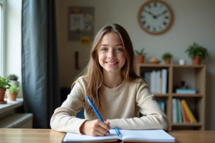 Jeune fille souriante écrivant dans un carnet à la maison