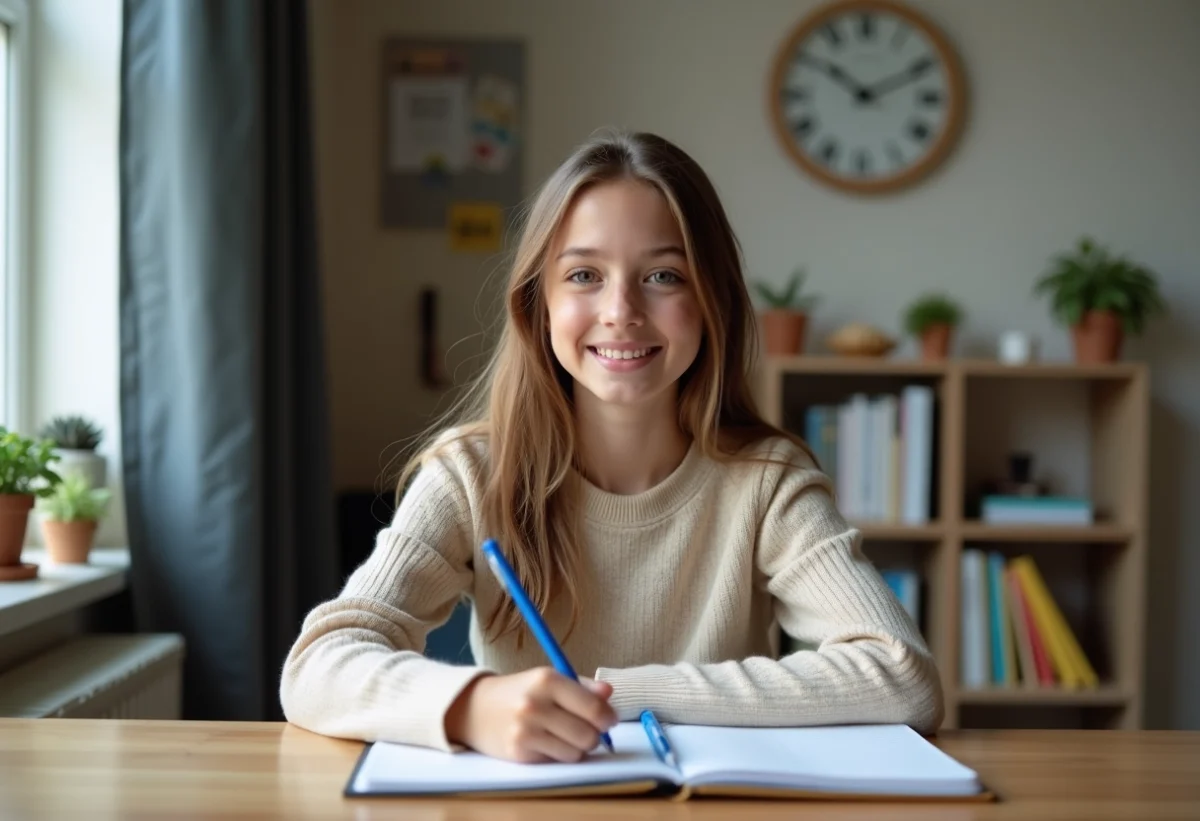 Jeune fille souriante écrivant dans un carnet à la maison