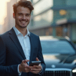 Jeune homme d'affaires avec tracker devant voiture moderne