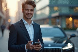 Jeune homme d'affaires avec tracker devant voiture moderne