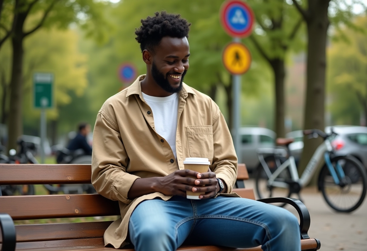 Jeune homme noir avec tasse en plein air dans un parc urbain
