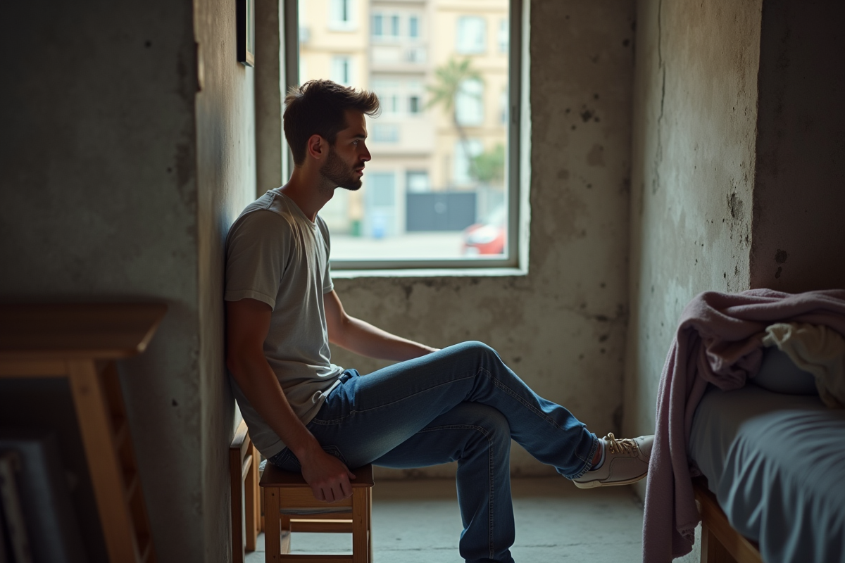 Jeune homme assis dans une pièce minimaliste urbaine