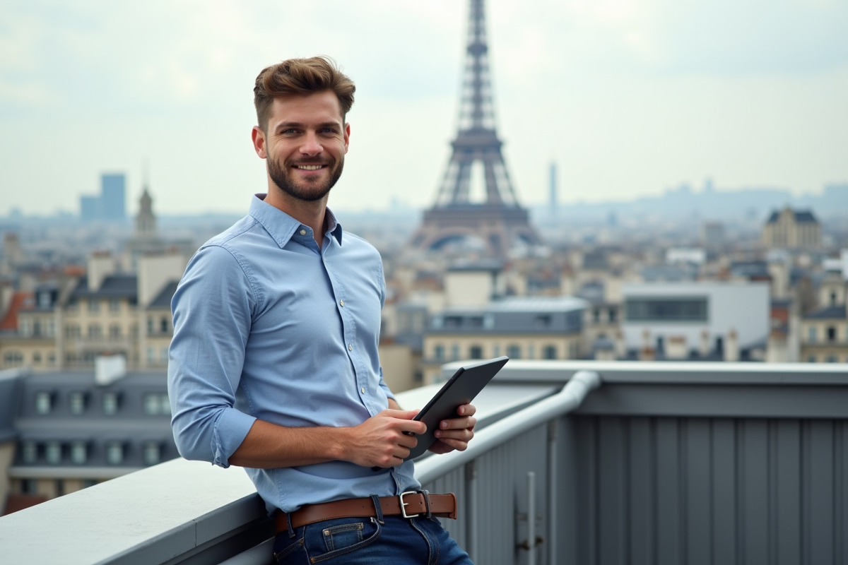 Jeune homme sur un rooftop avec vue sur Paris tenant une tablette