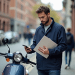 Jeune homme avec scooter et documents d'assurance