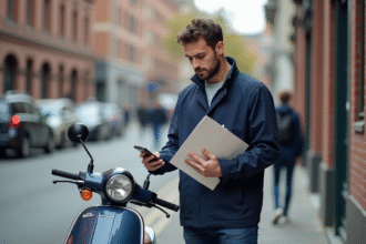 Jeune homme avec scooter et documents d'assurance