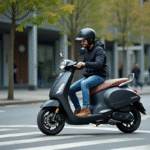 Jeune homme souriant sur scooter en ville