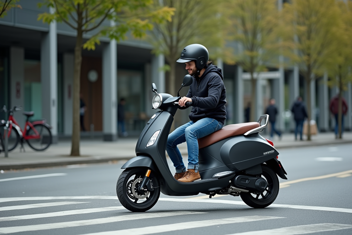Jeune homme souriant sur scooter en ville
