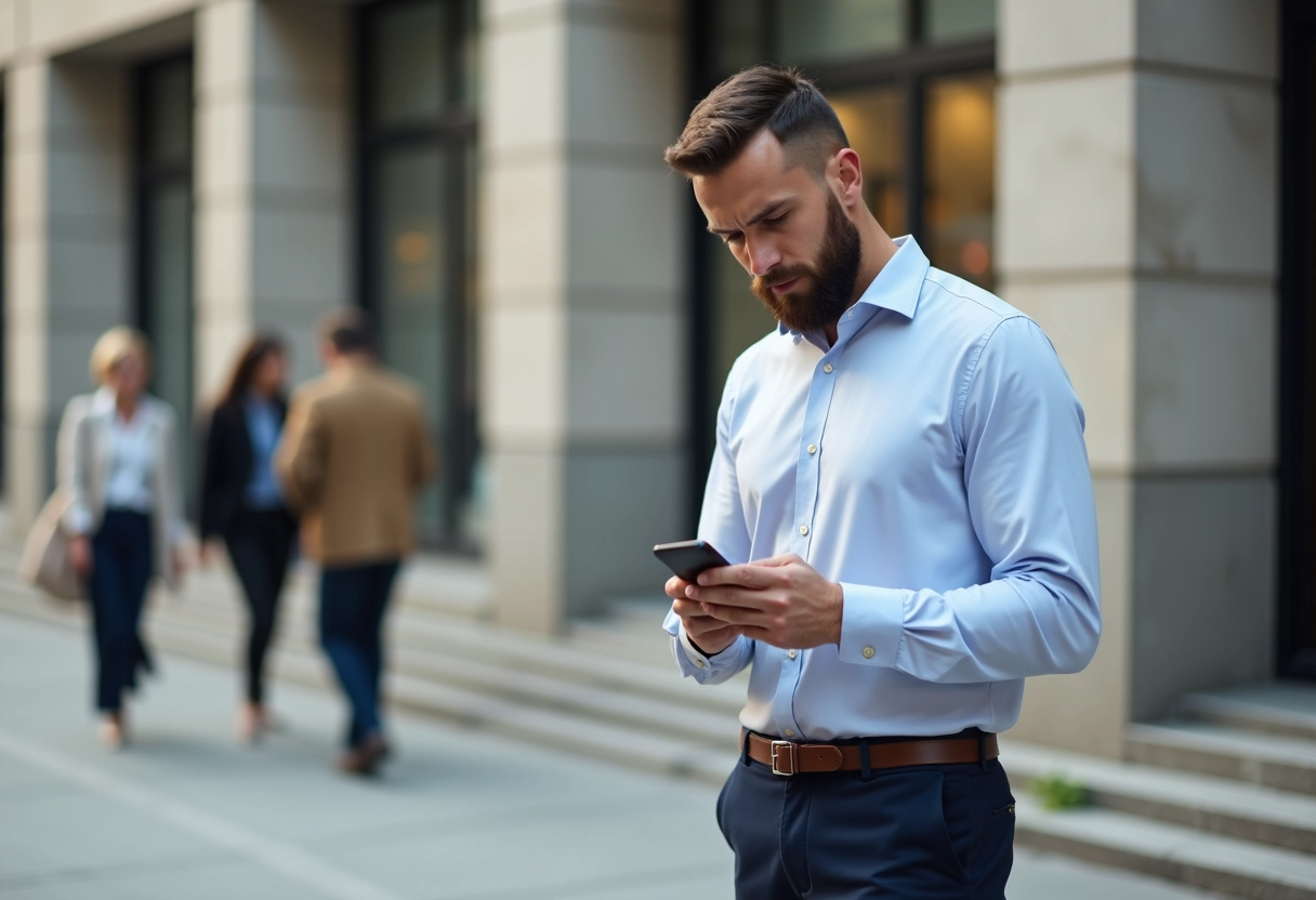 Jeune homme dans la ville vérifiant son smartphone