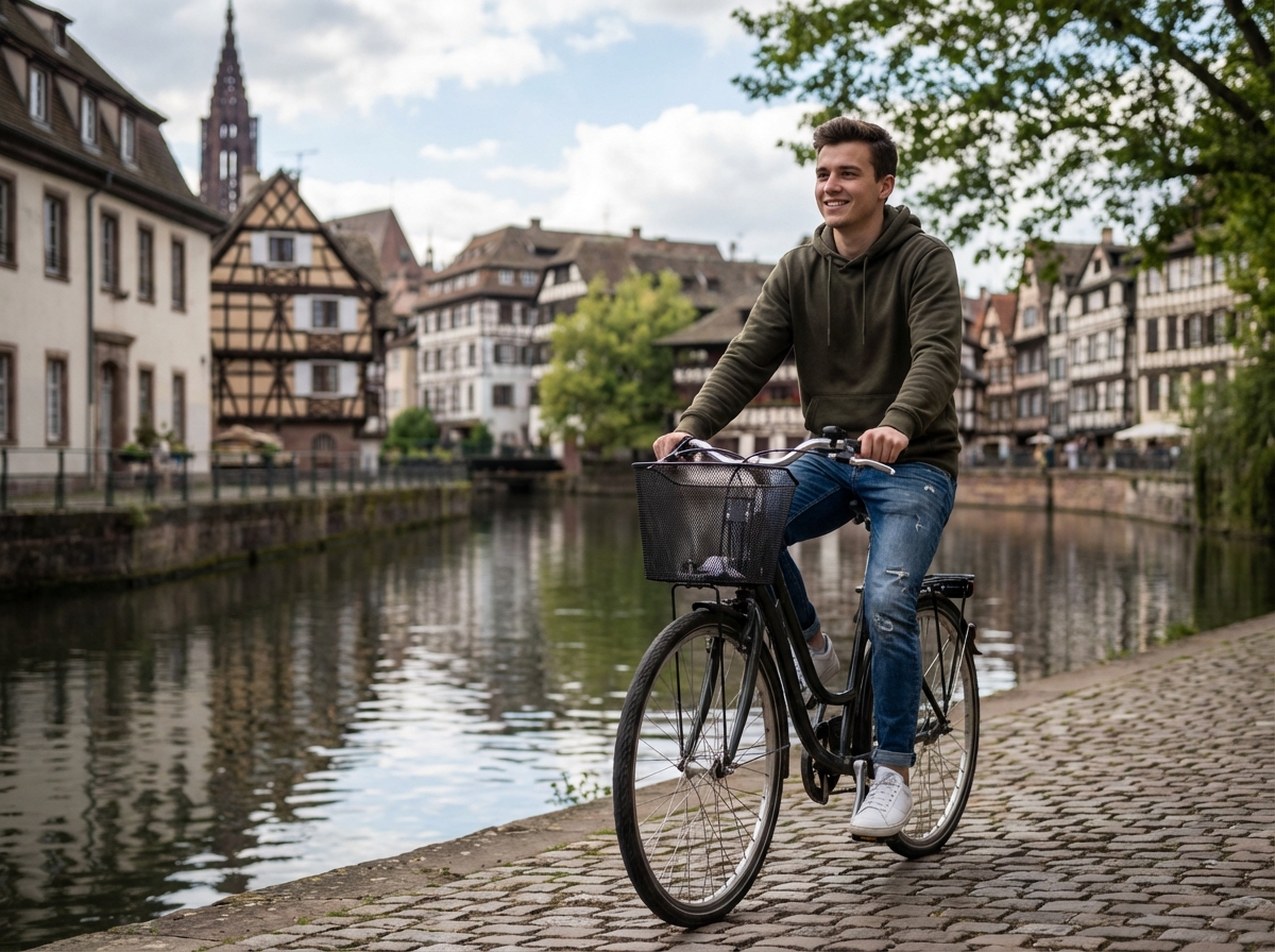 Jeune homme à vélo près de Petite France