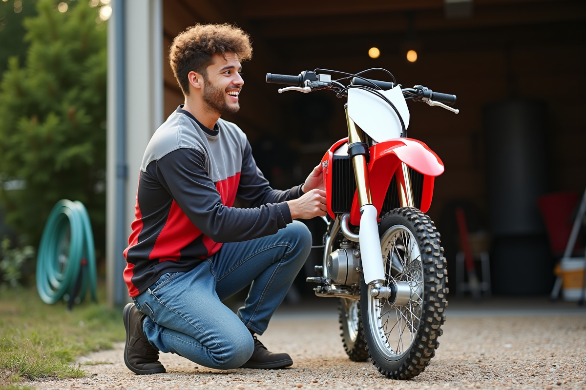 Jeune homme vérifiant la chaîne de son motocross rouge et blanc