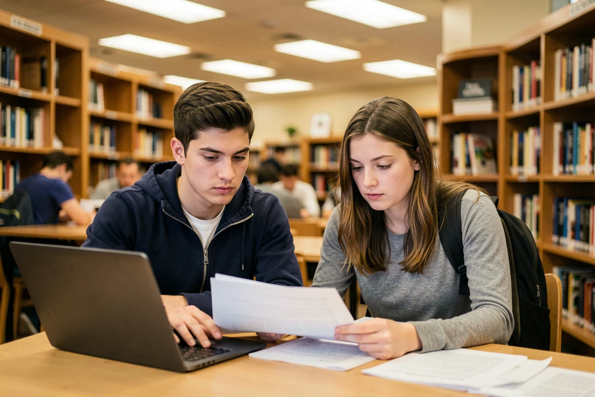 Deux jeunes adultes consultant des documents ensemble dans une bibliothèque publique, évoquant la sensibilisation à la confidentialité des données et à l'archivage en ligne pour les utilisateurs de forums