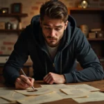Joueur concentré dans une salle d'escape room étudiant des indices progressifs pour résoudre une énigme