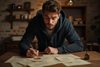 Joueur concentré dans une salle d'escape room étudiant des indices progressifs pour résoudre une énigme