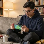 Jeune homme jouant à un jeu Pokémon sur Nintendo Switch en mode portable, installé confortablement dans un salon cosy et encombré