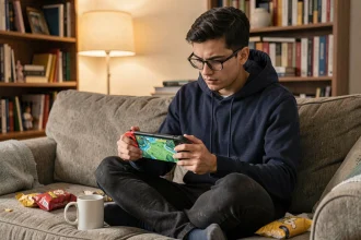 Jeune homme jouant à un jeu Pokémon sur Nintendo Switch en mode portable, installé confortablement dans un salon cosy et encombré