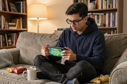 Jeune homme jouant à un jeu Pokémon sur Nintendo Switch en mode portable, installé confortablement dans un salon cosy et encombré