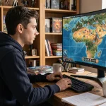 Joueur concentré devant un écran affichant une carte de quête Dofus avec des zones de placement stratégique