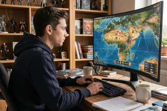 Joueur concentré devant un écran affichant une carte de quête Dofus avec des zones de placement stratégique