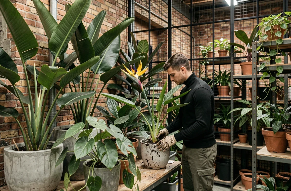 Fleuriste de Jungle Urbaine rempotant une strelitzia dans une boutique aux allures industrielles avec des plantes tropicales géantes, des étagères en acier brut et des murs en briques apparentes