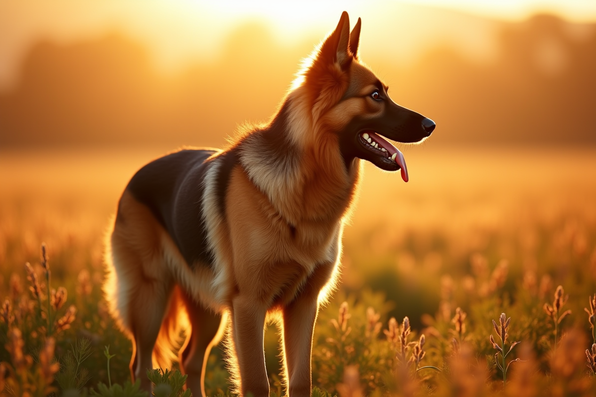 Chien Laekenois belge dans un champ ensoleille au coucher du soleil