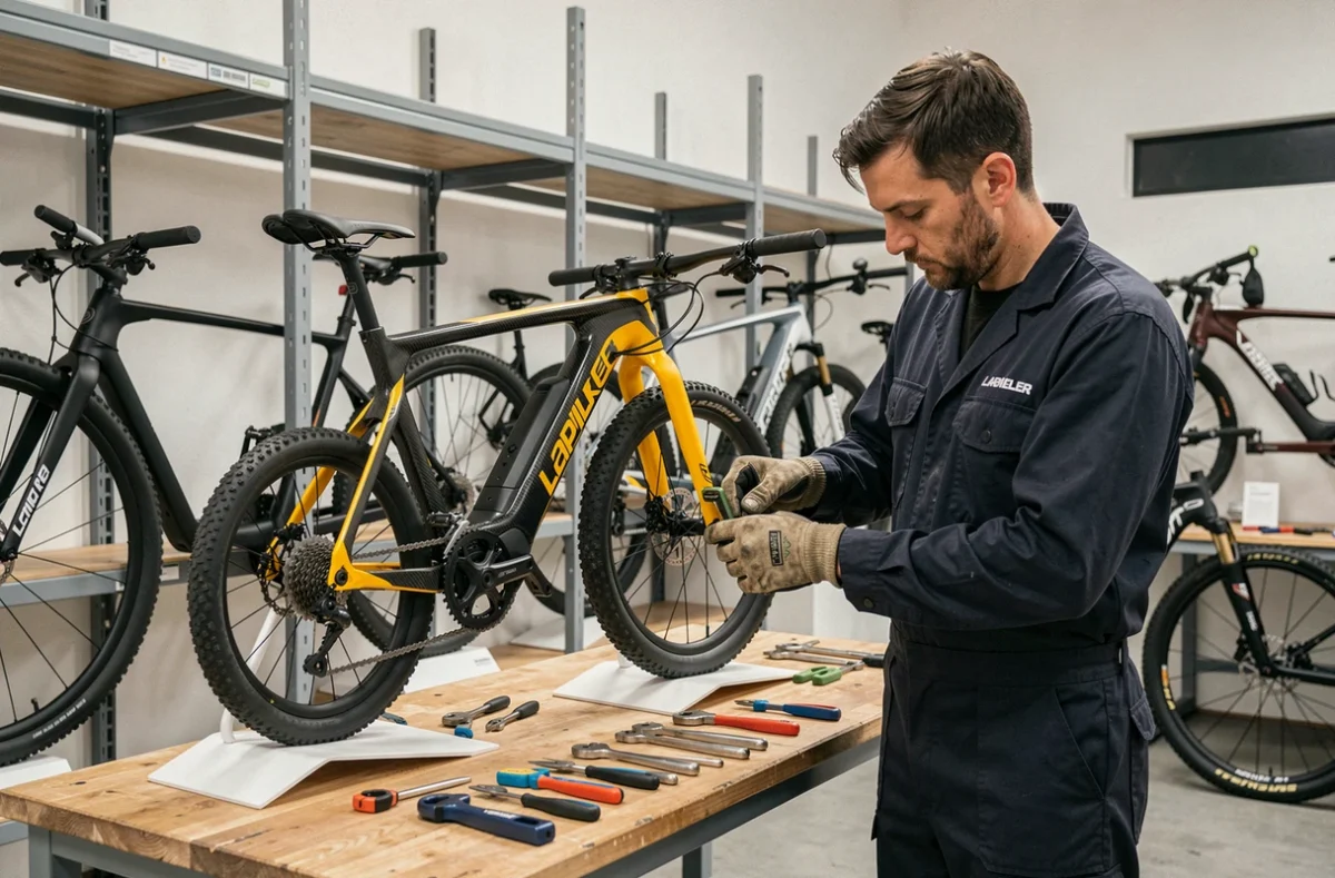 Technicien en train de régler un vélo électrique Lapierre dans le showroom de Toulouse